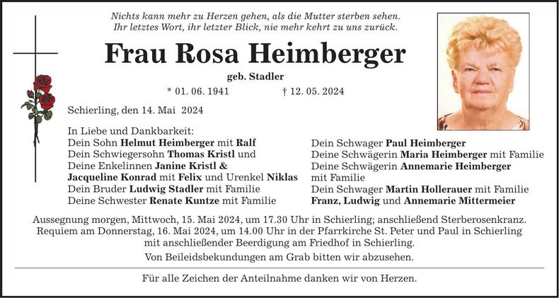 Traueranzeige Rosa Heimberger