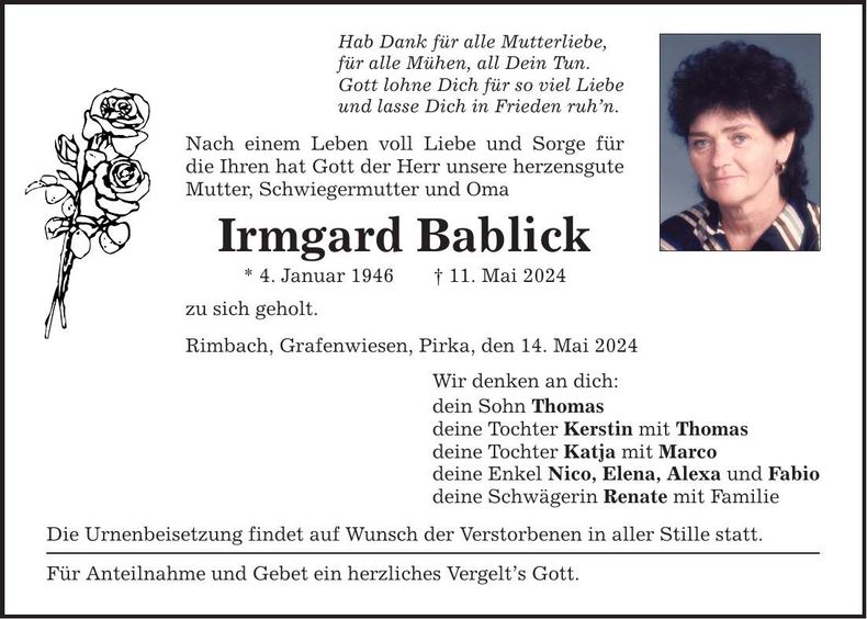 Traueranzeige Irmgard Bablick