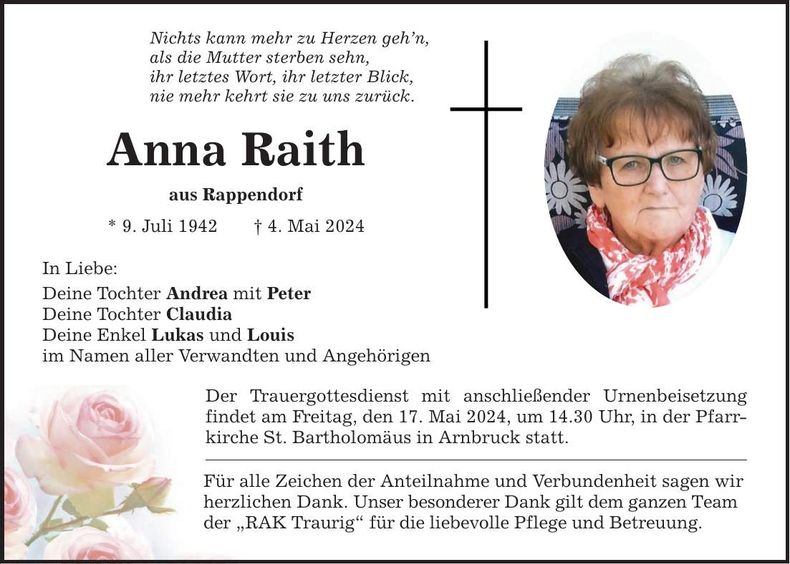 Traueranzeige Anna Raith