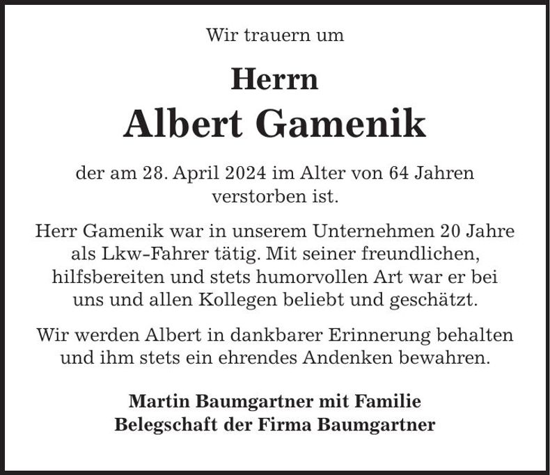 Traueranzeige Albert Gamenik