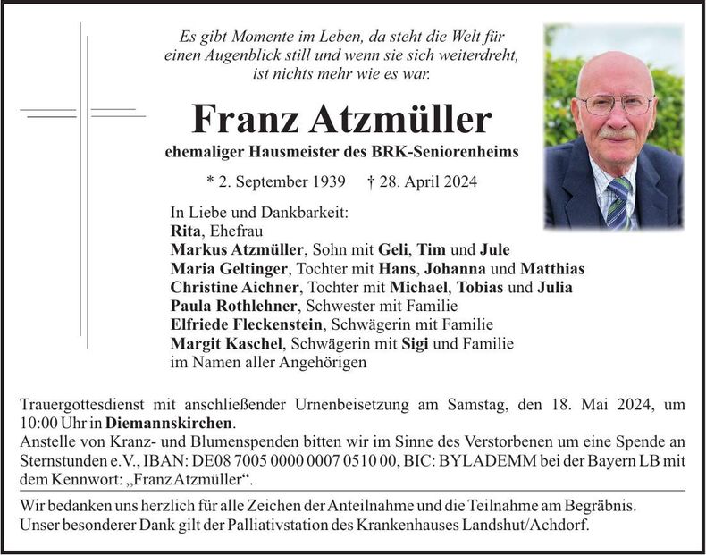 Traueranzeige Franz Atzmüller
