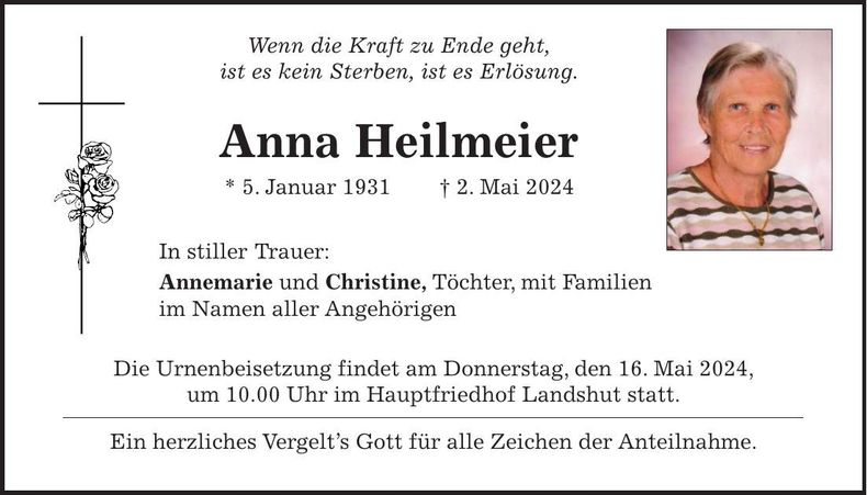 Traueranzeige Anna Heilmeier