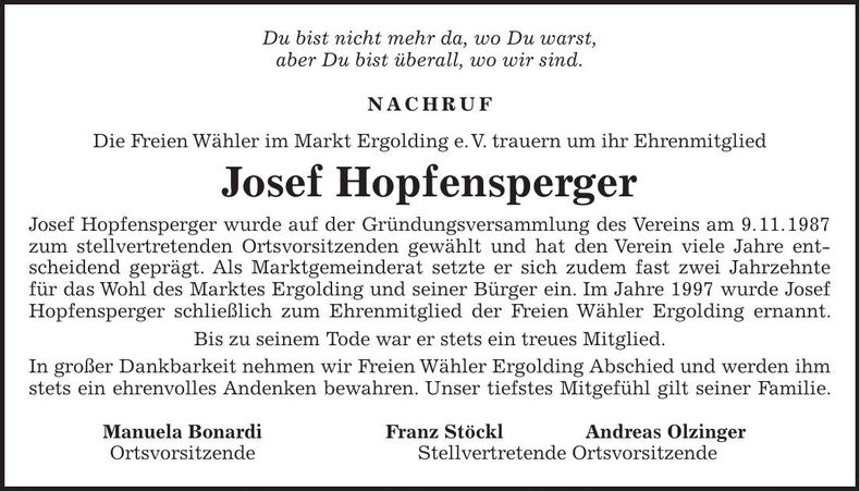 Traueranzeige Josef Hopfensperger