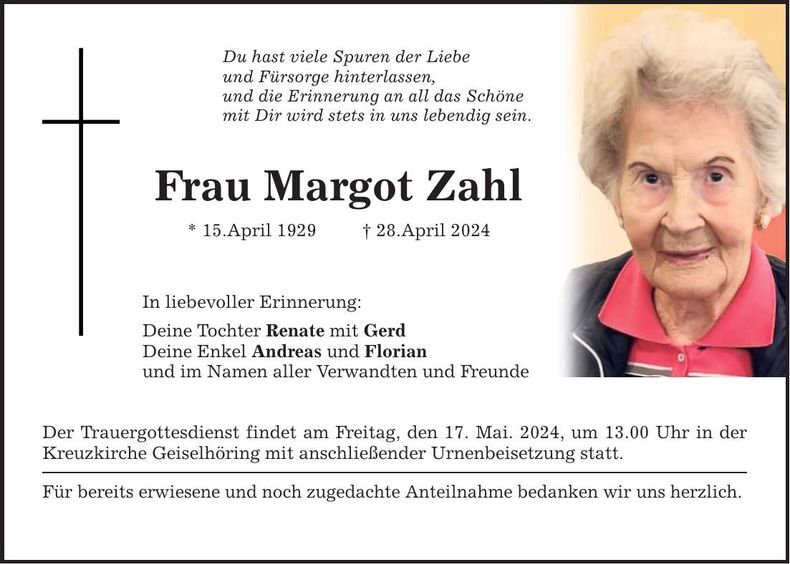 Traueranzeige Margot Zahl