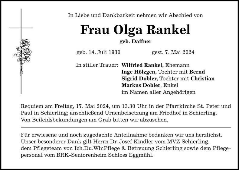 Traueranzeige Olga Rankel