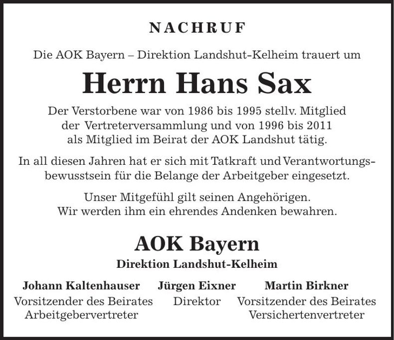 Traueranzeige Hans Sax