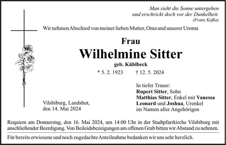 Traueranzeige Wilhelmine Sitter