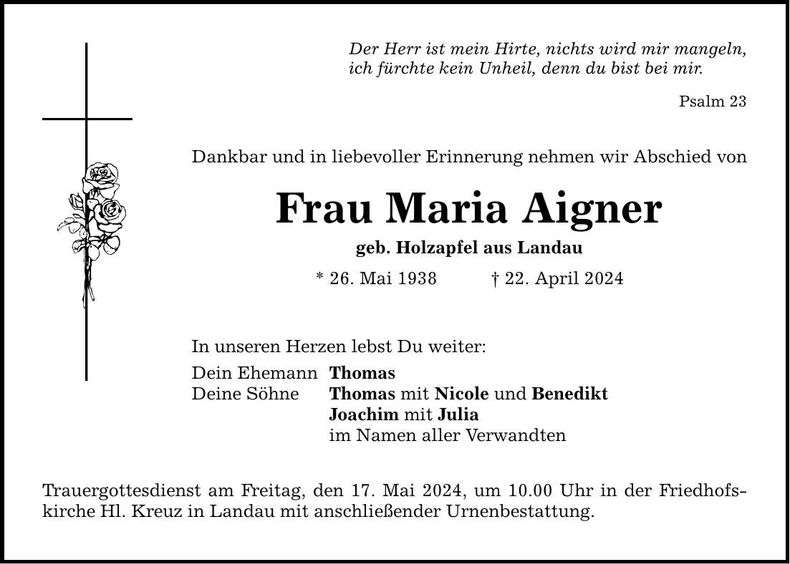 Traueranzeige Maria Aigner