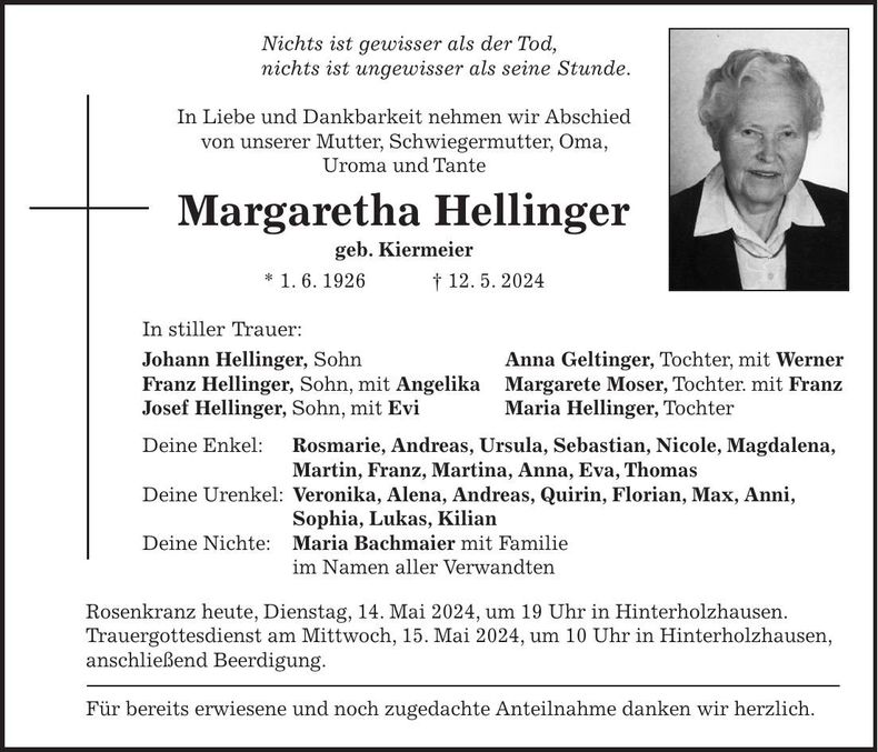 Traueranzeige Margaretha Hellinger