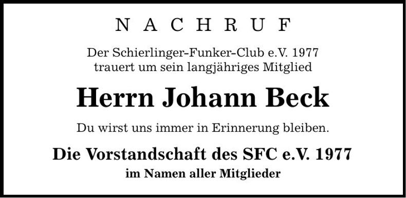 Traueranzeige Johann Beck