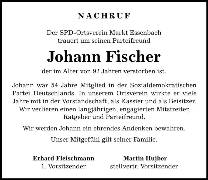 Traueranzeige Johann Fischer