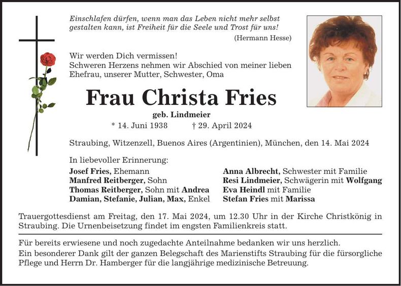 Traueranzeige Christa Fries