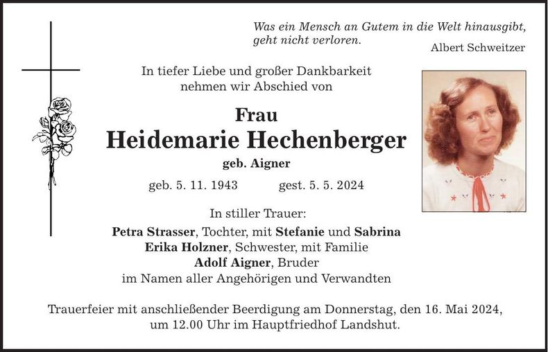 Traueranzeige Heidemarie Hechenberger