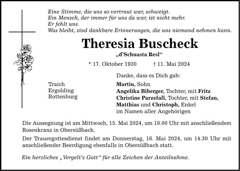 Traueranzeige Theresia Buscheck