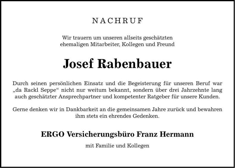 Traueranzeige Josef Rabenbauer