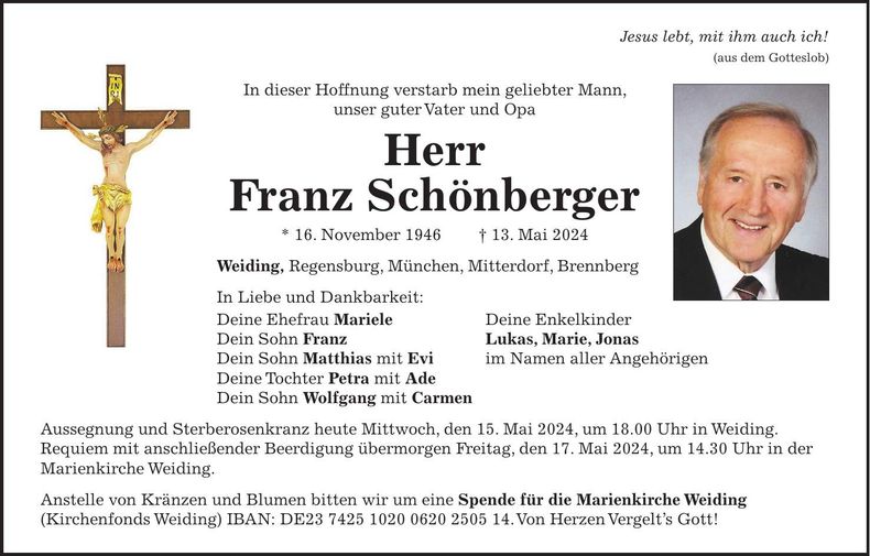 Traueranzeige Franz Schönberger