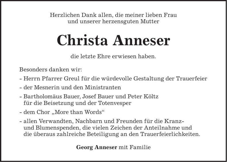 Traueranzeige Christa Anneser