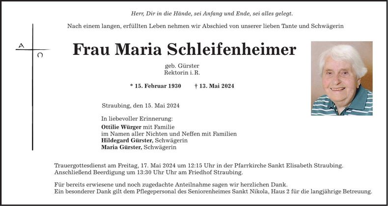 Traueranzeige Maria Schleifenheimer