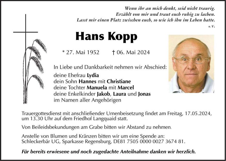 Traueranzeige Hans Kopp
