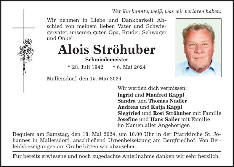 Traueranzeige Alois Ströhuber