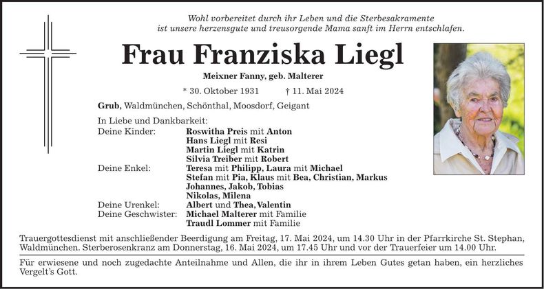 Traueranzeige Franziska Liegl
