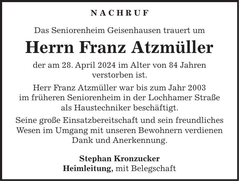 Traueranzeige Franz Atzmüller