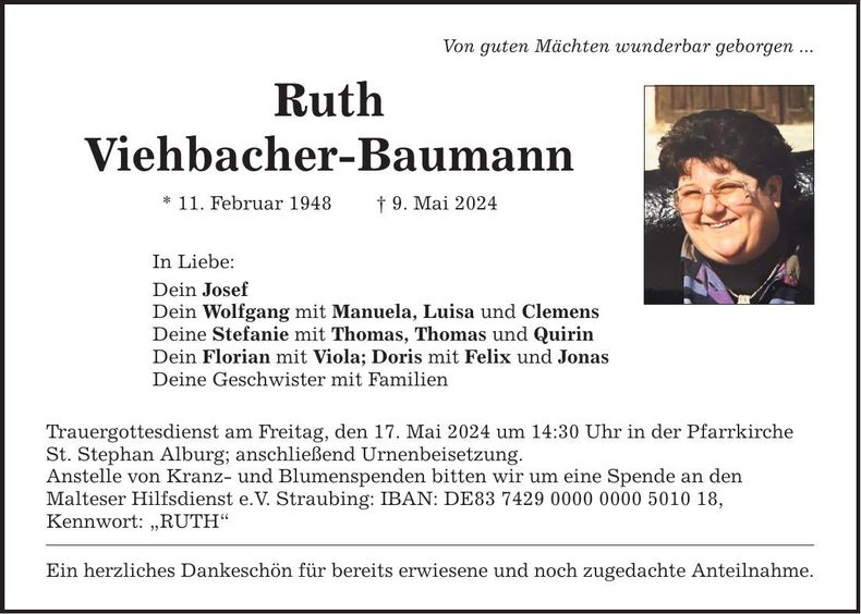 Traueranzeige Ruth Viehbacher-Baumann