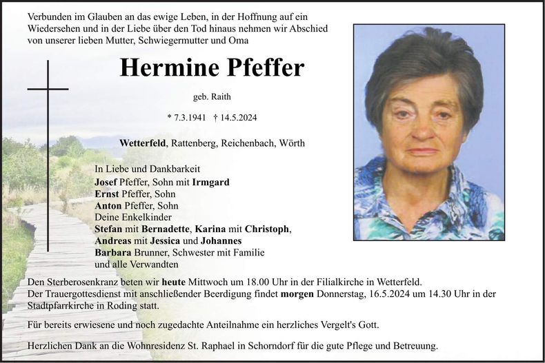 Traueranzeige Hermine Pfeffer