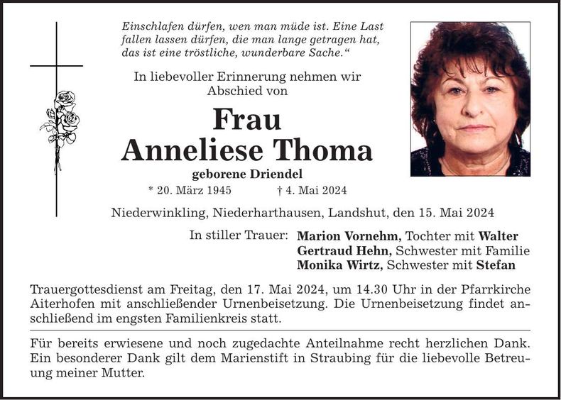 Traueranzeige Anneliese Thoma