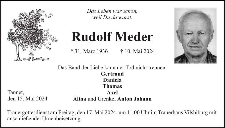 Traueranzeige Rudolf Meder