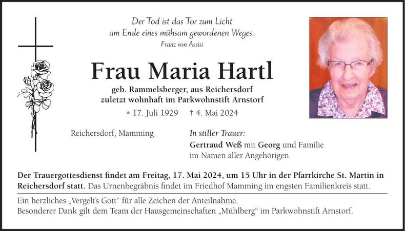 Traueranzeige Maria Hartl