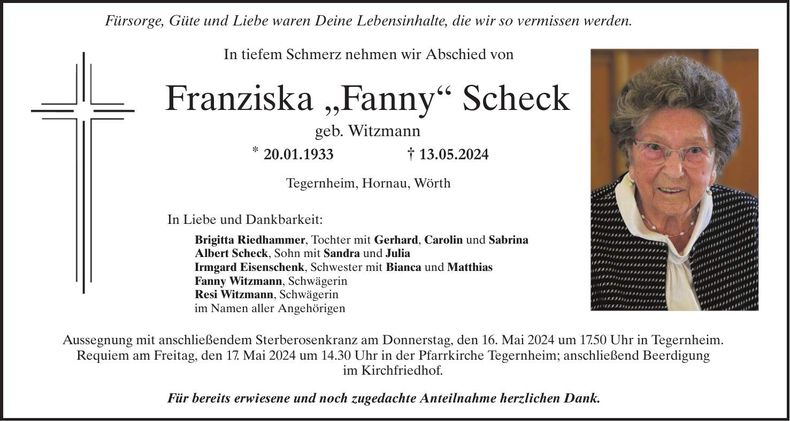 Traueranzeige Franziska Scheck