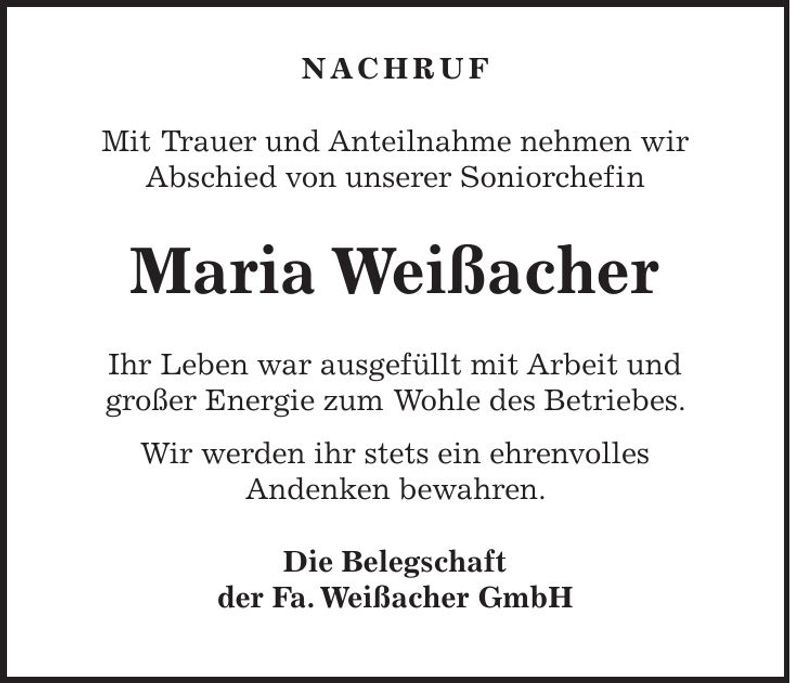 Traueranzeige Maria Weißacher