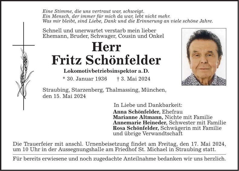Traueranzeige Fritz Schönfelder