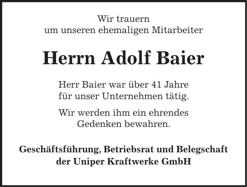 Traueranzeige Adolf Baier