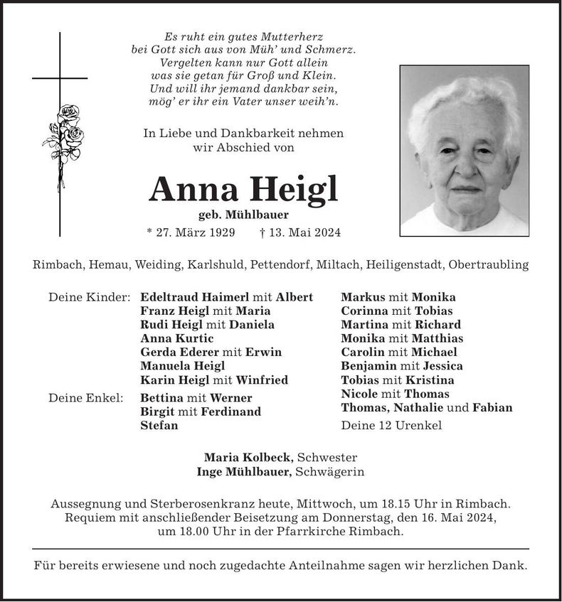 Traueranzeige Anna Heigl