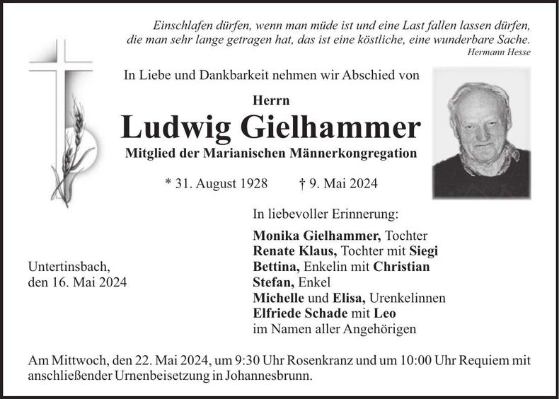 Traueranzeige Ludwig Gielhammer