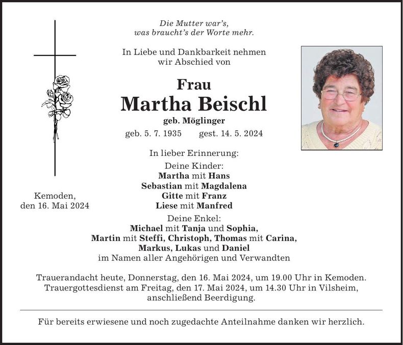 Traueranzeige Martha Beischl