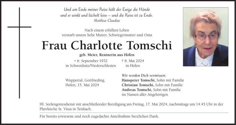 Traueranzeige Charlotte Tomschi