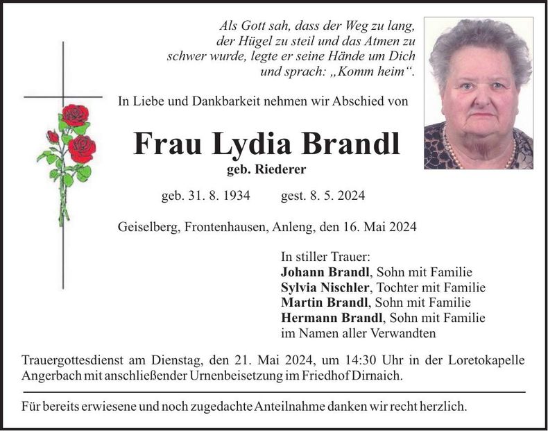 Traueranzeige Lydia Brandl