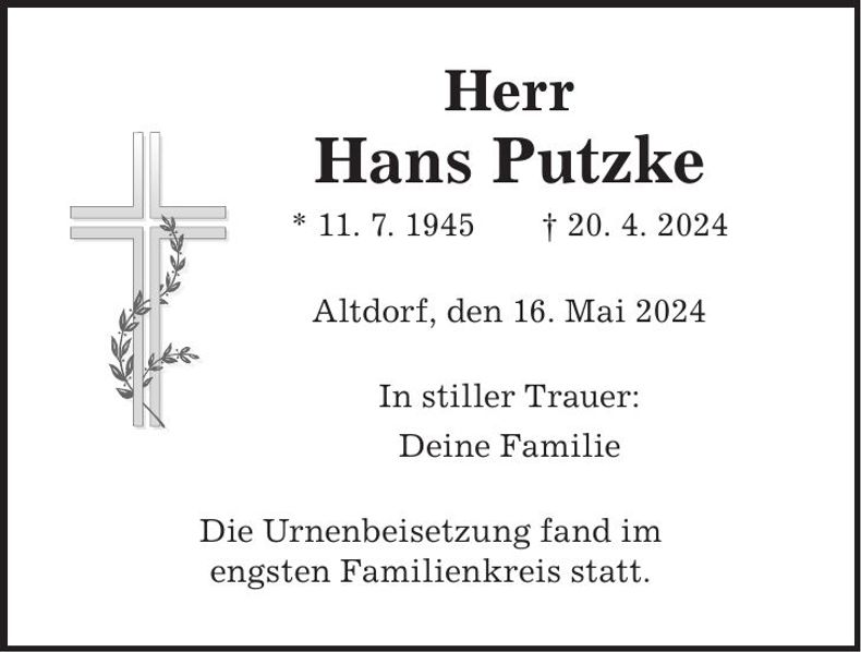 Traueranzeige Hans Putzke