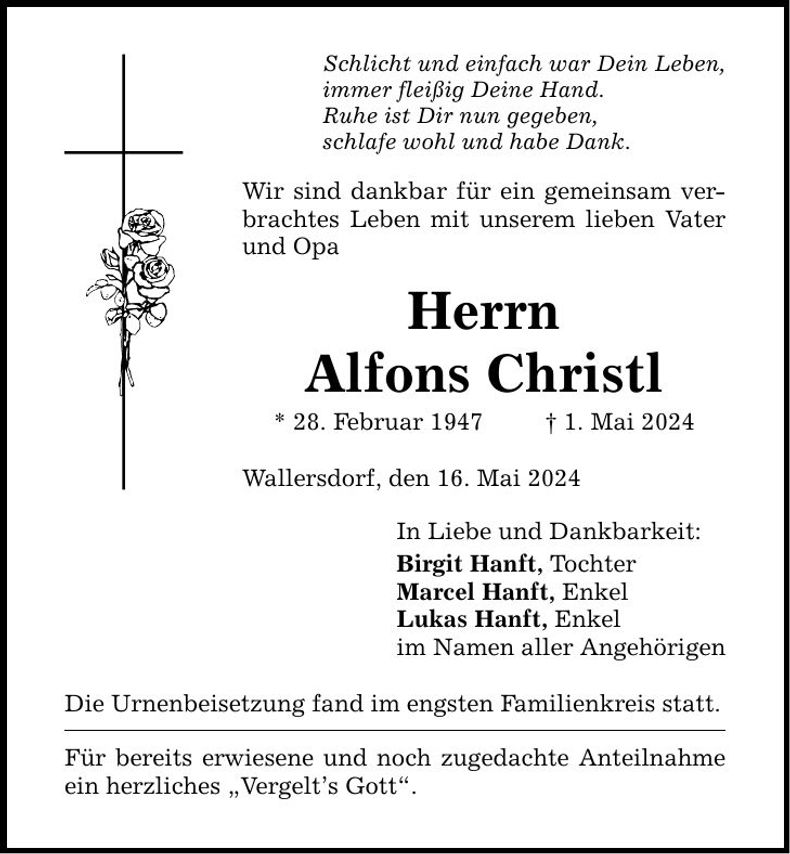Traueranzeige Alfons Christl