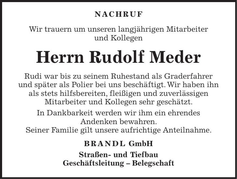Traueranzeige Meder Rudolf