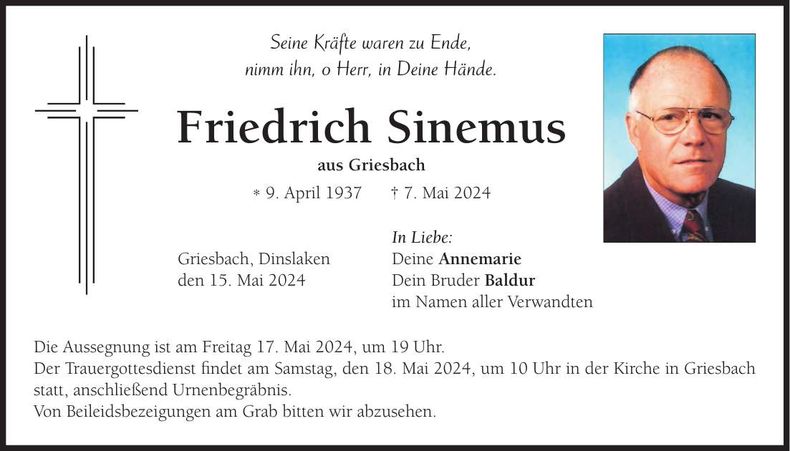 Traueranzeige Friedrich Sinemus
