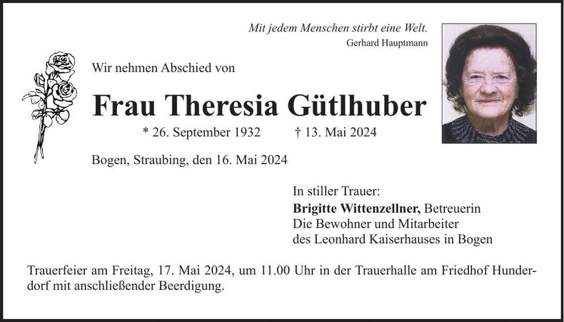 Traueranzeige Theresia Gütlhuber