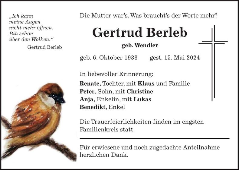 Traueranzeige Gertrud Berleb