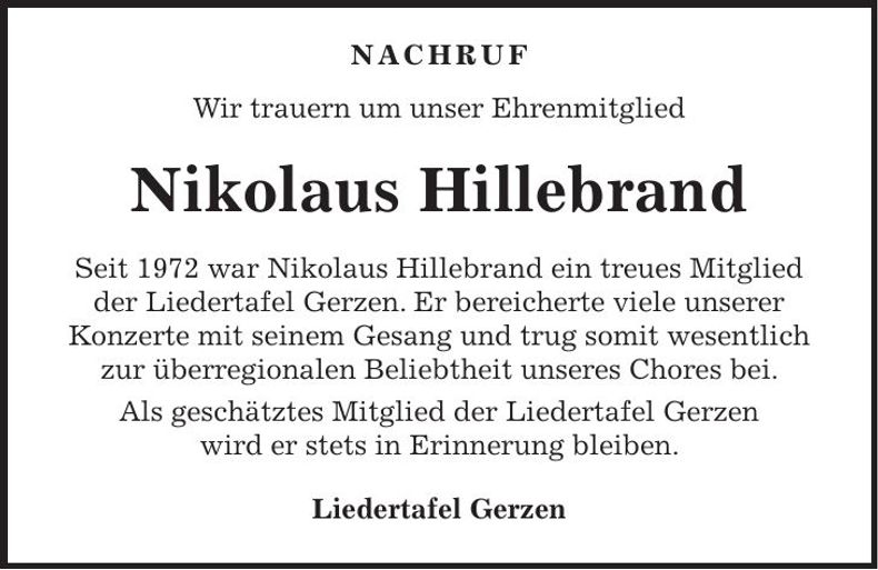 Traueranzeige Nikolaus Hillebrand