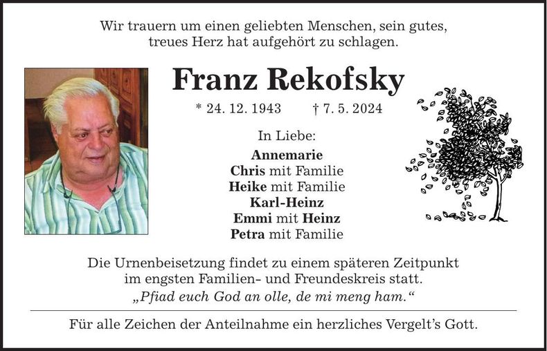 Traueranzeige Franz Rekofsky