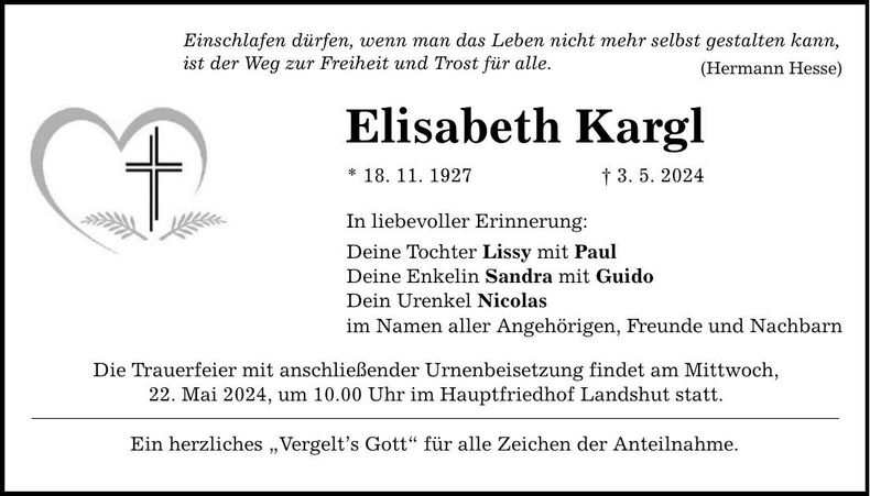Traueranzeige Elisabeth Kargl