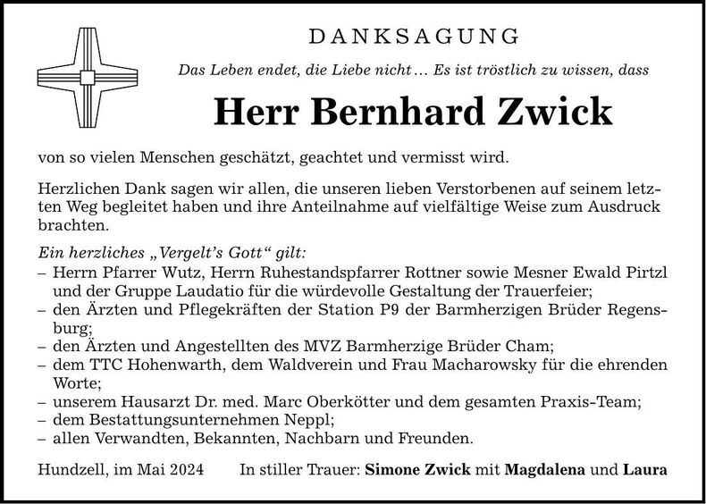 Traueranzeige Bernhard Zwick